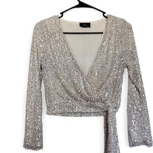 Milk & Honey silver sequin wrap top with long sleeves v cut top size small S